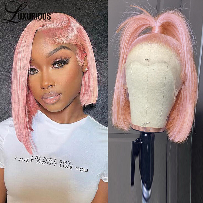 Wig Bob lurus merah muda pendek 13 × 4 Wig rambut manusia Remy Virgin Brasil untuk wanita Wig Frontal renda transparan Hd telah ditanami