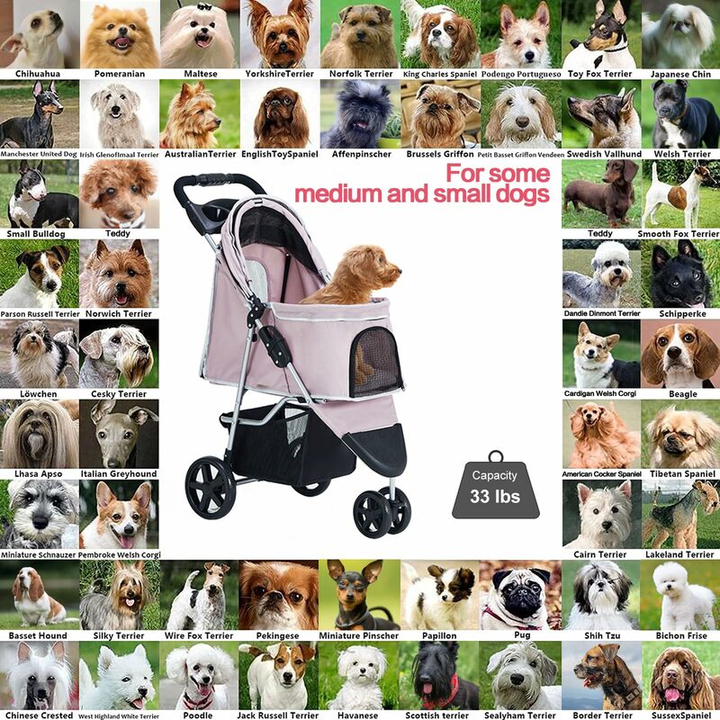 Pink Pet Expedition Stroller, 3-Wheel Jogger, Gaiola, Cesta, Dobrável, Médio, Cão Pequeno, Adorável