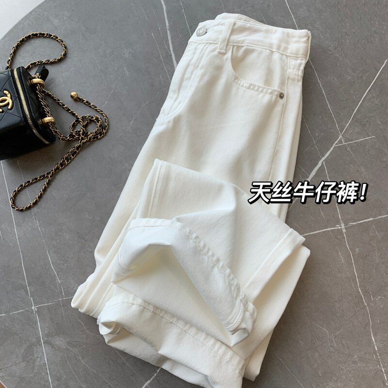 Celana panjang lurus wanita, Jeans putih pelangsing pinggang tinggi serbaguna lembut gaya musim panas musim semi 2024