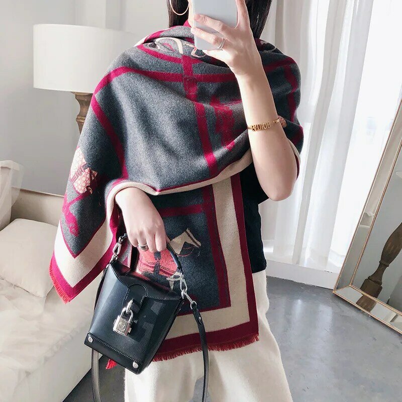 Kaszmirowy damski szal ciepły zimowy Pashmina Foulard szale okłady dla pań luksusowy łańcuszek drukuj chusty z bandaną 2021 Fashion