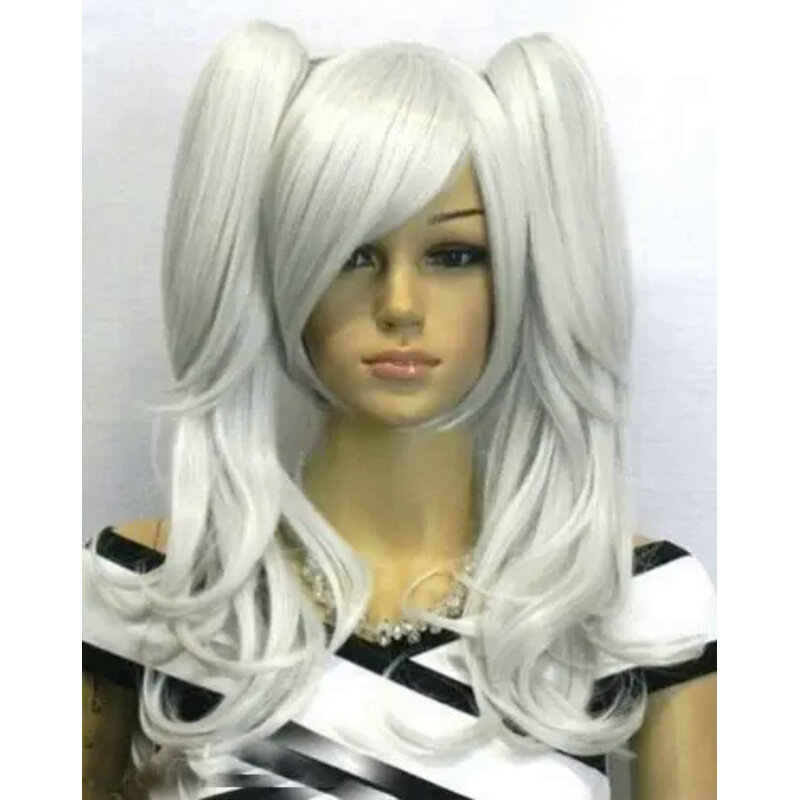 Peluca larga gris y blanca con 2 coletas para mujer, pelucas de tipo dividido