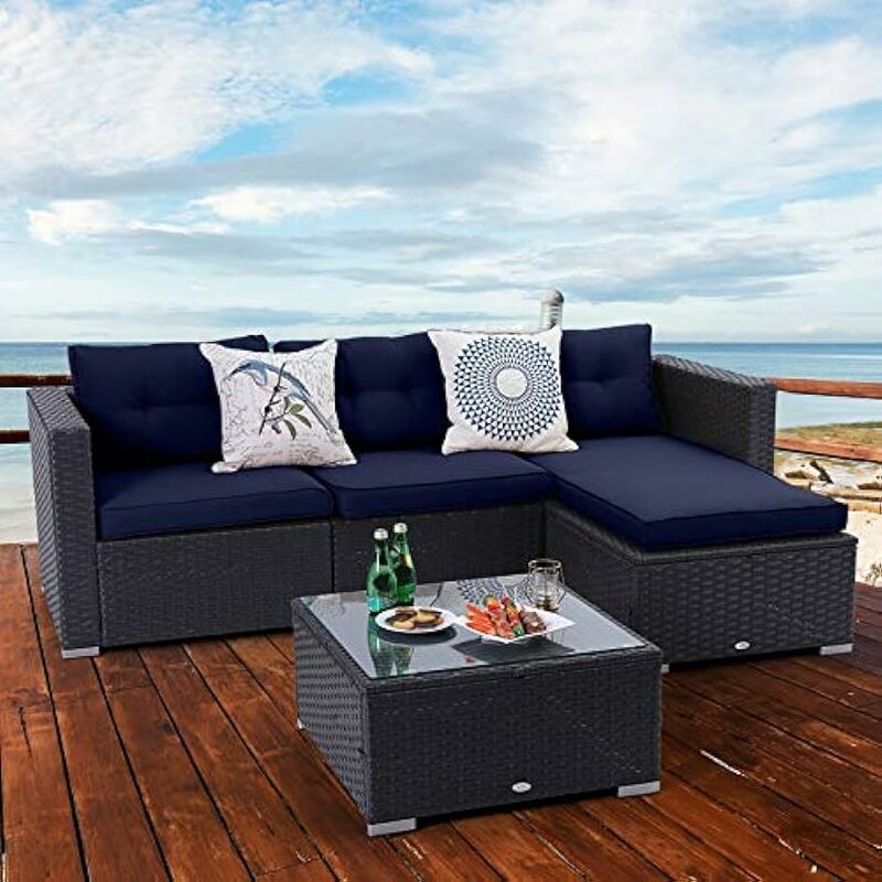 Outdoor Patio Conversation Set Rattan Sectional Sofa- Small Wicker Patio Furniture Bistro Set 3-Piece