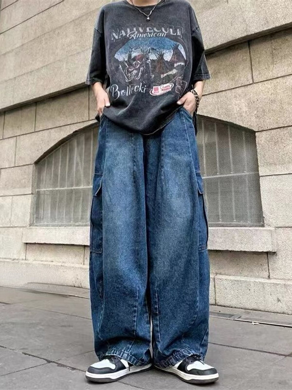 男性と女性のためのレトロなワイドレッグの色あせたジーンズ,カジュアルなストリートウェア,大小のストレートヒップホップ