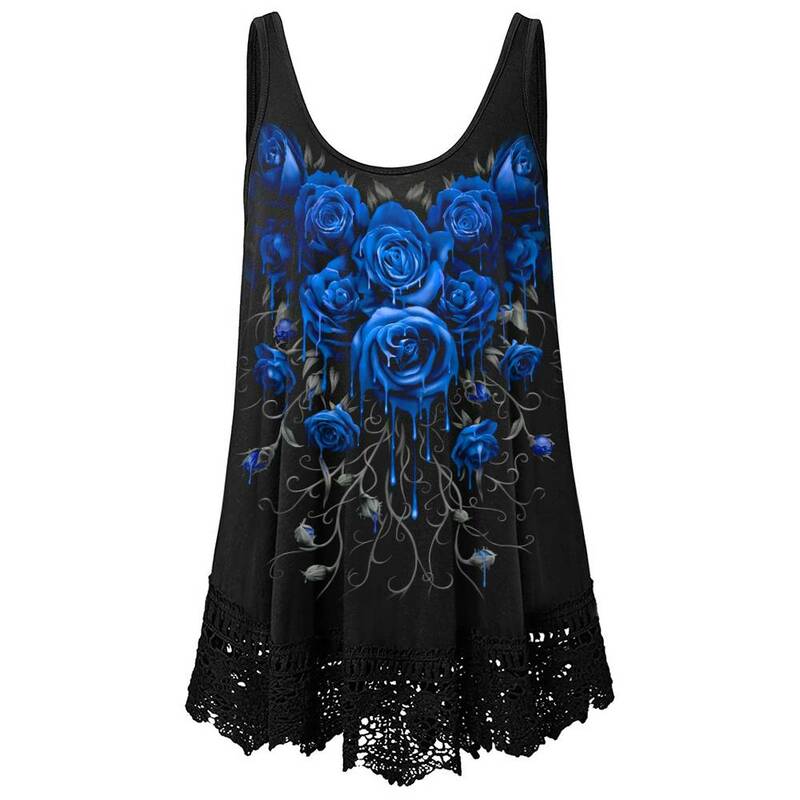 Plus Size Womens Floral Printed Sleeveless Tank Tops Ladies Loose Lace Summer Vest Camisole Summer Holiday Beach