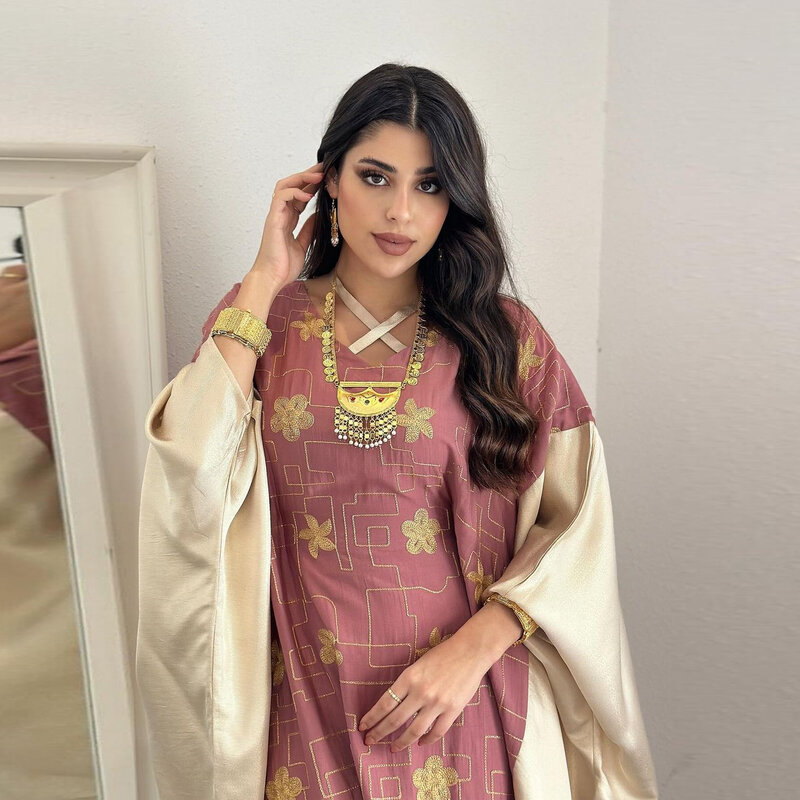 Midden-Oosten Marokko Arabische Dubai Moslim Islamitische Dames Geborduurde Kleur Blok Jurk Luxe Mode Jalabiya Gewaad