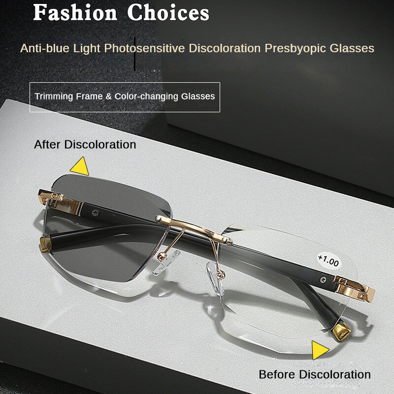 Nowe bezramowe męskie krótkowzroczność starczowzroczność okulary powiększające moda kobiety inteligentne soczewki z zoomem wieloogniskowe okulary blokujące niebieskie światło
