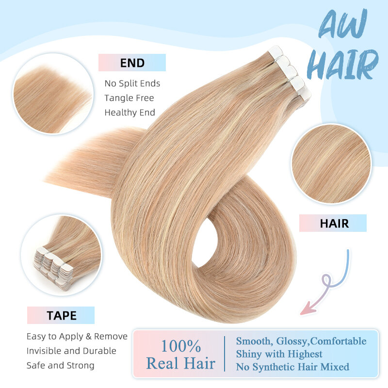 Мини-лента AW для наращивания волос, человеческие волосы, не Реми, натуральная мягкая кожа, уток, клейкие волосы, 12-24 дюйма, прямая бесшовная лента