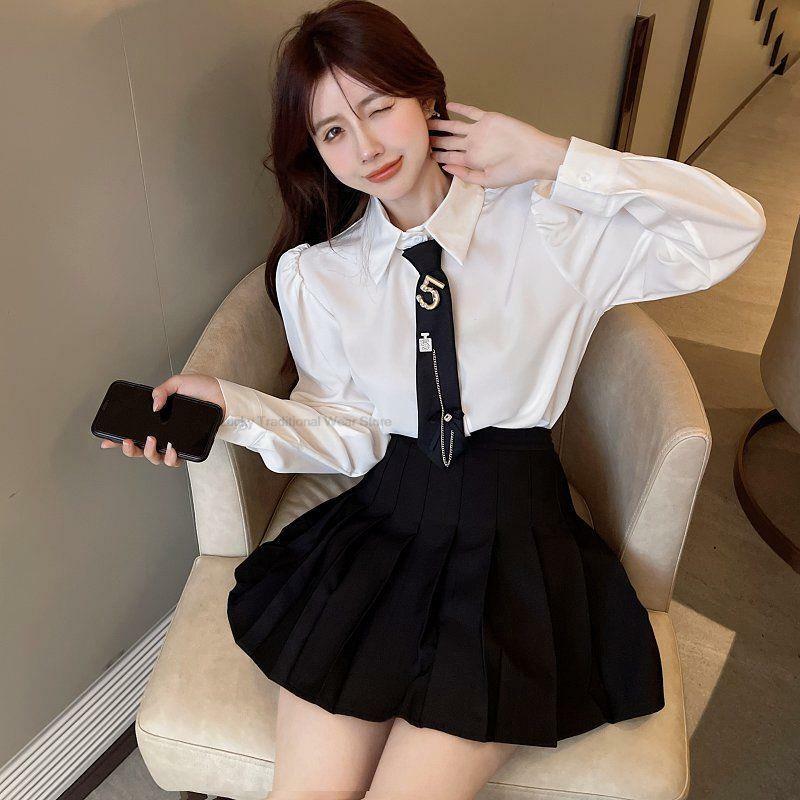 Estilo coreano Estilo Colégio Camisa de Lapela Personalidade Gravata Cintura Alta Slim Saia Plissada Terno Menina Sexy Moda Casual Conjunto Diário
