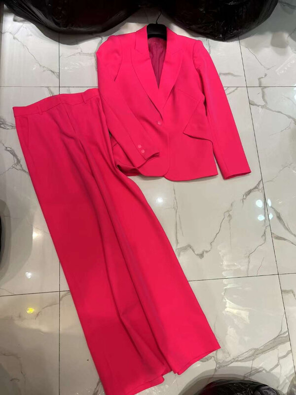 Office Lady Top Quality 2024 nuova primavera estate elegante rosa manica lunga Blazer Top pantaloni Set