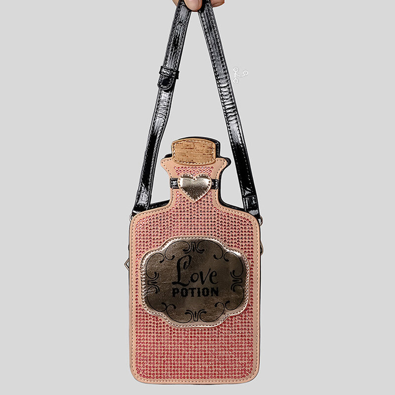 Design criativo de garrafa de strass bolsa crossbody para mulheres, corações engraçados do amor, bolsas de ombro deco, bolsas pequenas, 2024