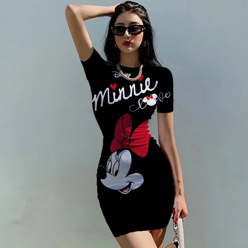 Disney-Vestido Mickey Mouse Feminino, Vestido Elegante Feminino, Decote Em O, Apertado, Fino, Desenhos Animados 3D Print, Mini, Casual, Escritório, Verão