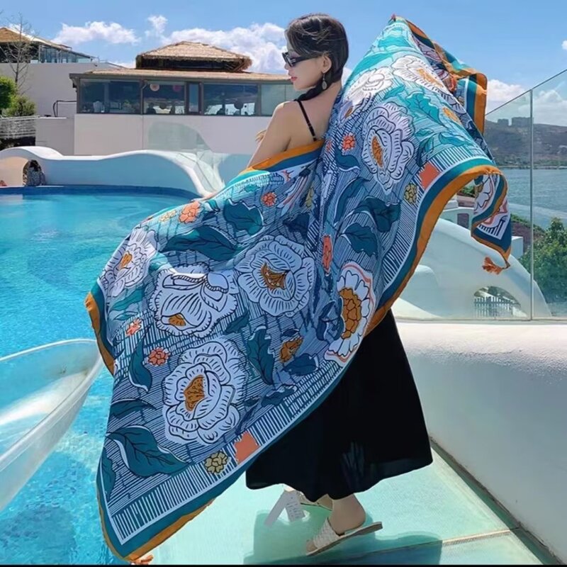 Bohemian Flower Beach Sunscreen Scarve Bathing Cover-ups Wrap Long Headband Bikini Large Shawl Breathable 90x180cm Swimsuit Wrap