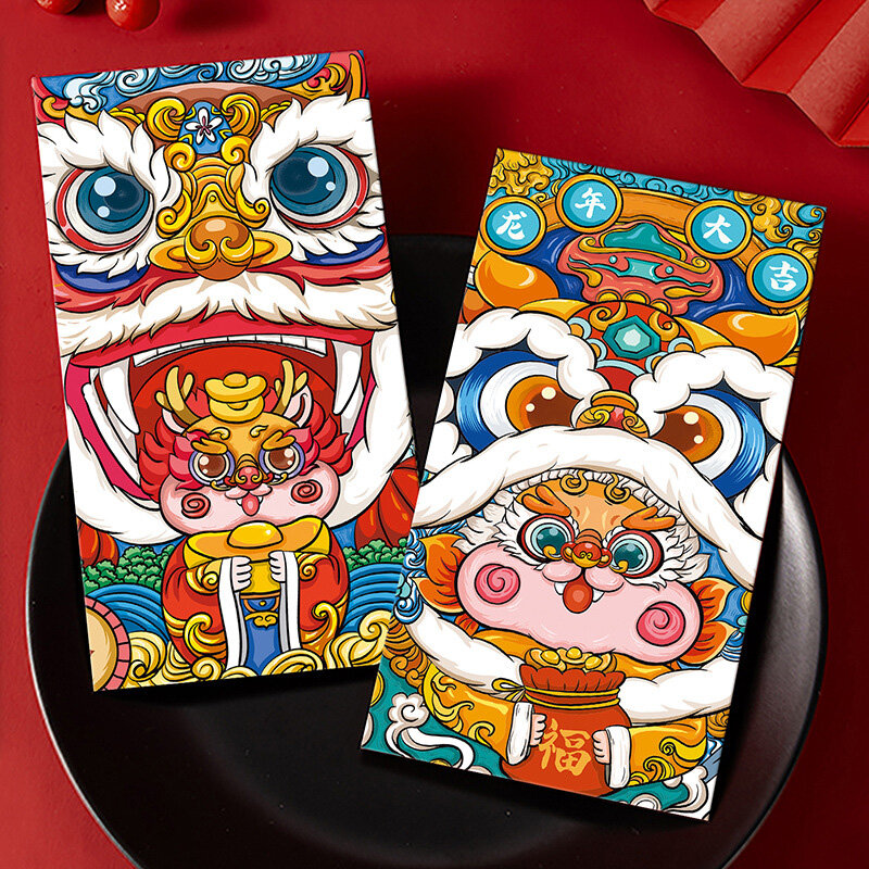 6Pcs Spring Festival Supplies Dragon Pattern with Best Wishes Wedding Red Packet Red Envelope Bless Pocket Lucky Money Bag Cute