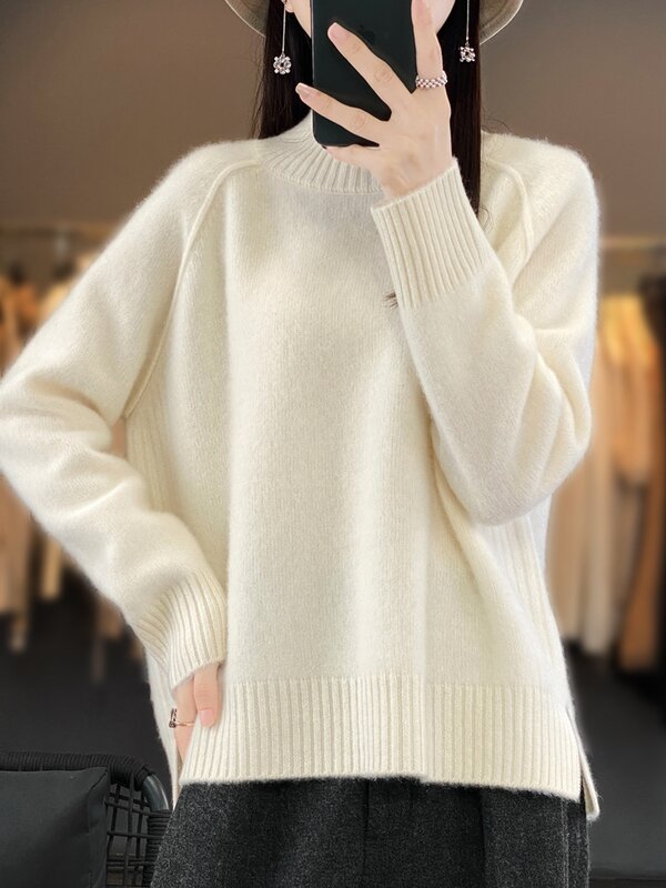Damski sweter z golfem jesienno-zimowy grube swetry 100% wełna merynosów solidna kaszmirowa dzianina kobiece ubrania typu basic koreańskie topy