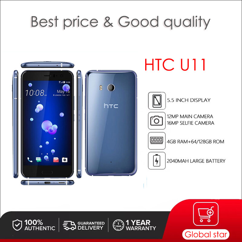 هاتف محمول HTC U11 مجدد أصلي مفتوح من نوع HTC U11 بشاشة 5.5 بوصة مزود بشريحتين ومعالج ثماني النواة وكاميرا بدقة 12 ميجابكسل يُشحن مجانًا