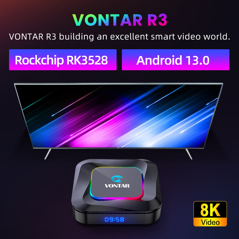 VONTAR-R3 RGB TV Box, Android 13, Rockchip RK3528, prise en charge de la vidéo 8K, BTpig, WiFi 6, prise en charge de l'entrée vocale Google, lecteur multimédia, décodeur
