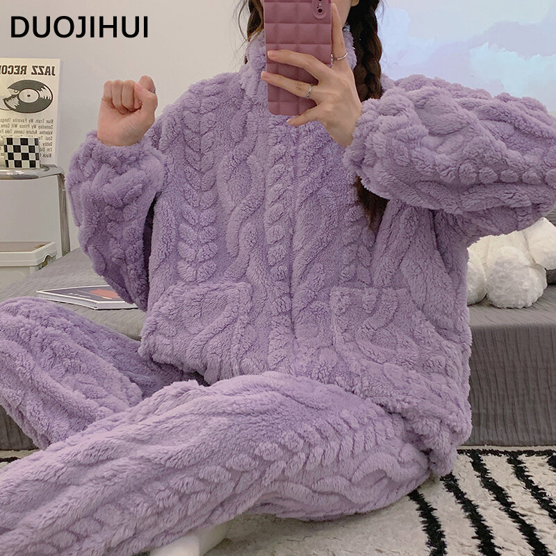 DUOJIHUI Chic Zipper Pure Color Flannel Loose Pajamas for Women Winter Thick Warm Simple Fashion Long Sleeve Female Pajamas Sets
