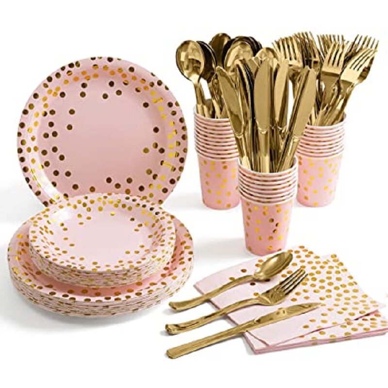 Pink and Gold Party Supplies Golden Dot Paper Plates Napkins Disposable Party Dinnerware for Baby Shower Birthday Wedding