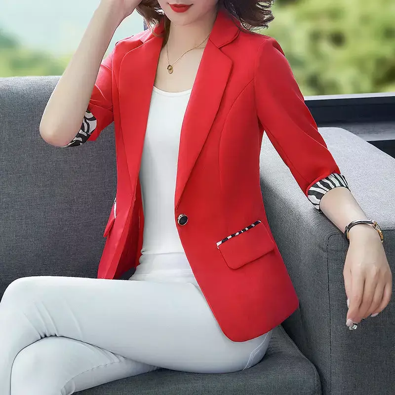 Kantong kancing blazer kurus Lengan tiga perempat, warna Solid kantor Formal wanita kasual musim semi musim panas pakaian wanita Z249