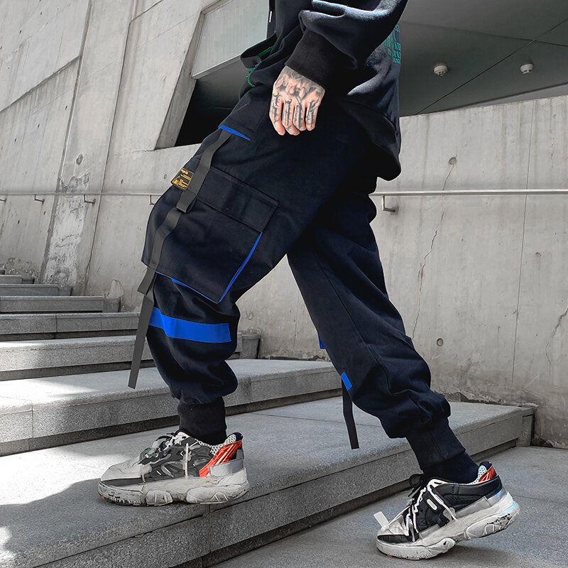 Брюки-карго мужские в стиле Харадзюку, повседневные джоггеры, модные спортивные штаны с лентами, уличные штаны, уличная одежда