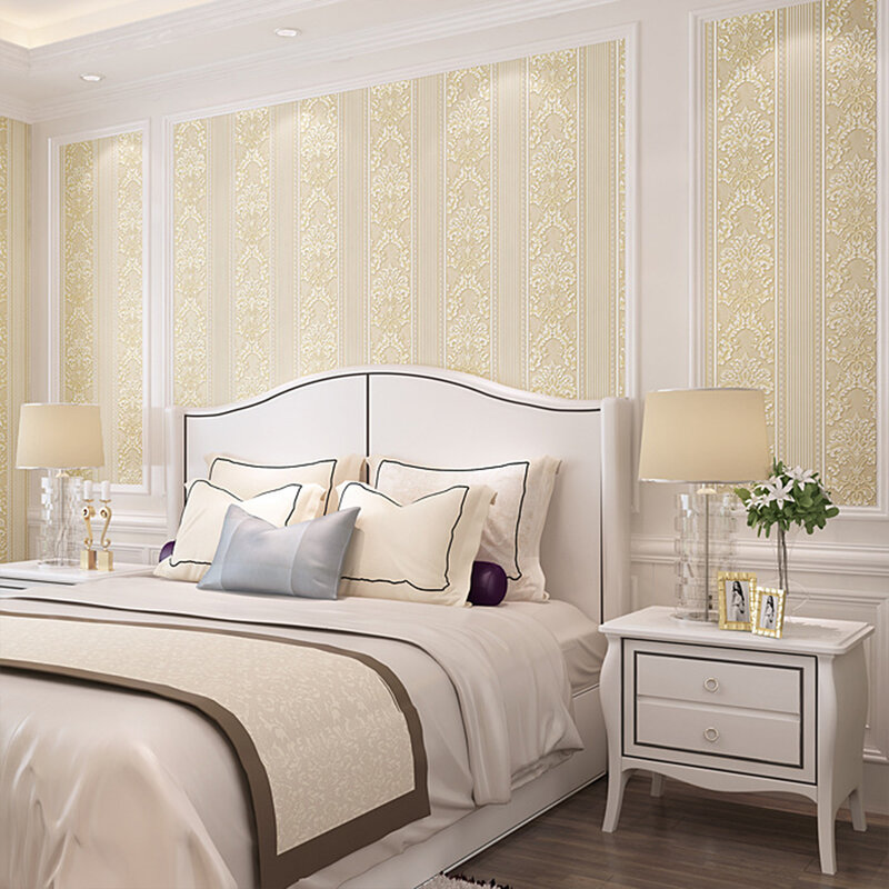Gaya Eropa bunga besar garis vertikal Wallpaper ruang tamu kamar tidur restoran kain tanpa tenun Wallpaper dekorasi rumah