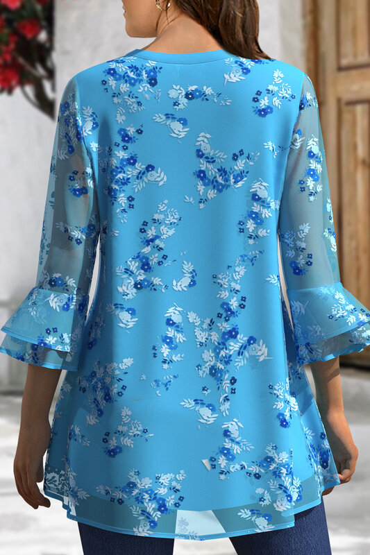 Flycurvy Plus Size camicetta a maniche 3/4 con polsino arruffato a doppio strato con stampa floreale in Chiffon blu elegante