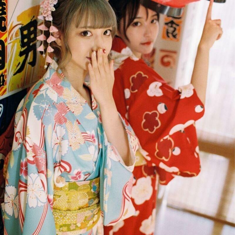 Kimono zestaw damski Vintage eleganckie ubrania nadruk w kwiaty festiwal dla dorosłych Streetwear azjatycki Kimono odzież sceniczna/sesja zdjęciowa