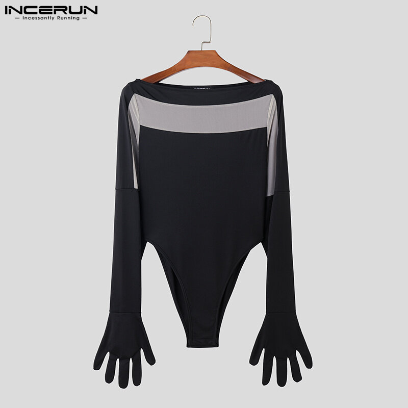 INCERUN Sexy Style Loungewear Men Rompers Patchwork See-through Mesh Thimble Bodysuits Stylish Male Long Sleeved Jumpsuits S-3XL