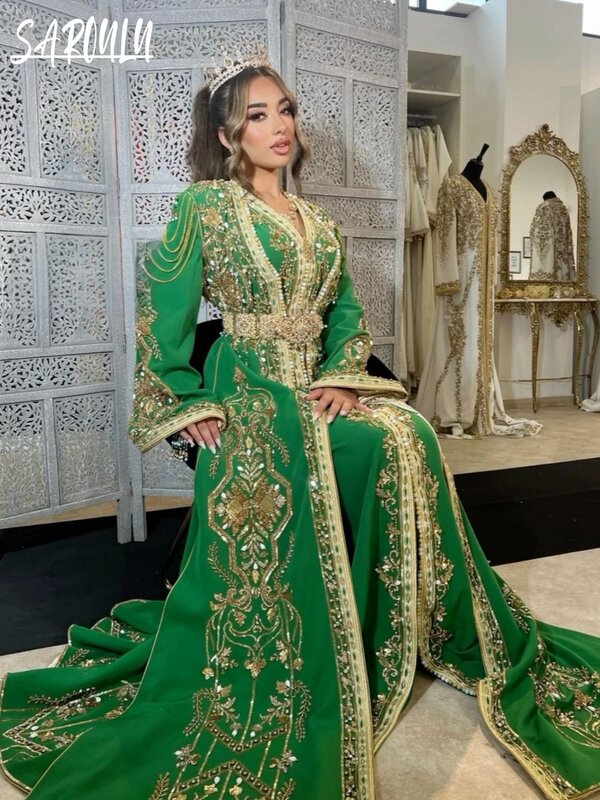 Gaun malam kerah V yang indah gaun pengantin A-line applique Maroko untuk wanita manik-manik gaun panjang lantai jubah De marifee