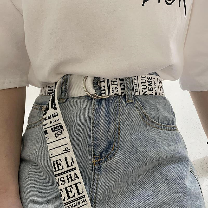 1Pc Women And Men Double Buckle Waistband Belt Letter Printed Canvas Waistband Fashion Jeans With Belt Decoration