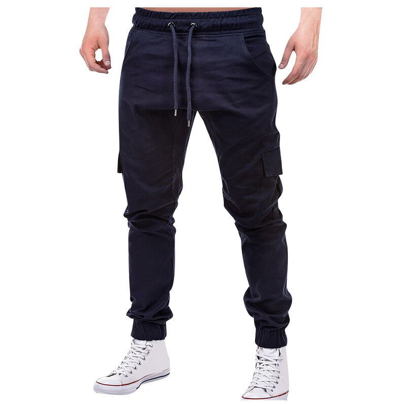 Street Gym Loose Trousers Sports Wear Simple Solid Color Cargo Mens Pants Overalls Drawstring Multi Pocket Casual Hiking 2024