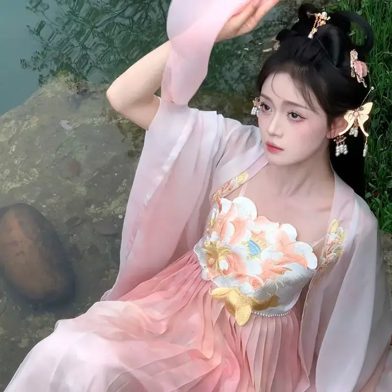 Tang-女性のためのピンクのチャイナアバヤスカート,大きな袖のシャツ,刺,,春と夏,han要素,全国風,緑
