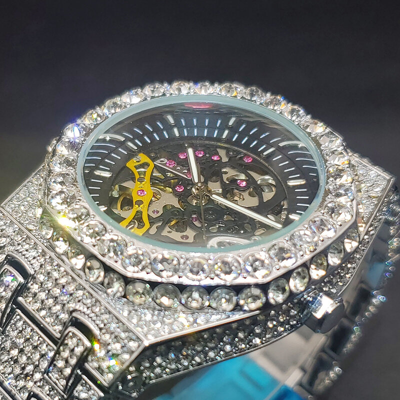 Relógio mecânico de luxo masculino, diamante gelado, hip hop, relógios automáticos com mostrador oco, relógio de mão luminosa masculino, dropshipping