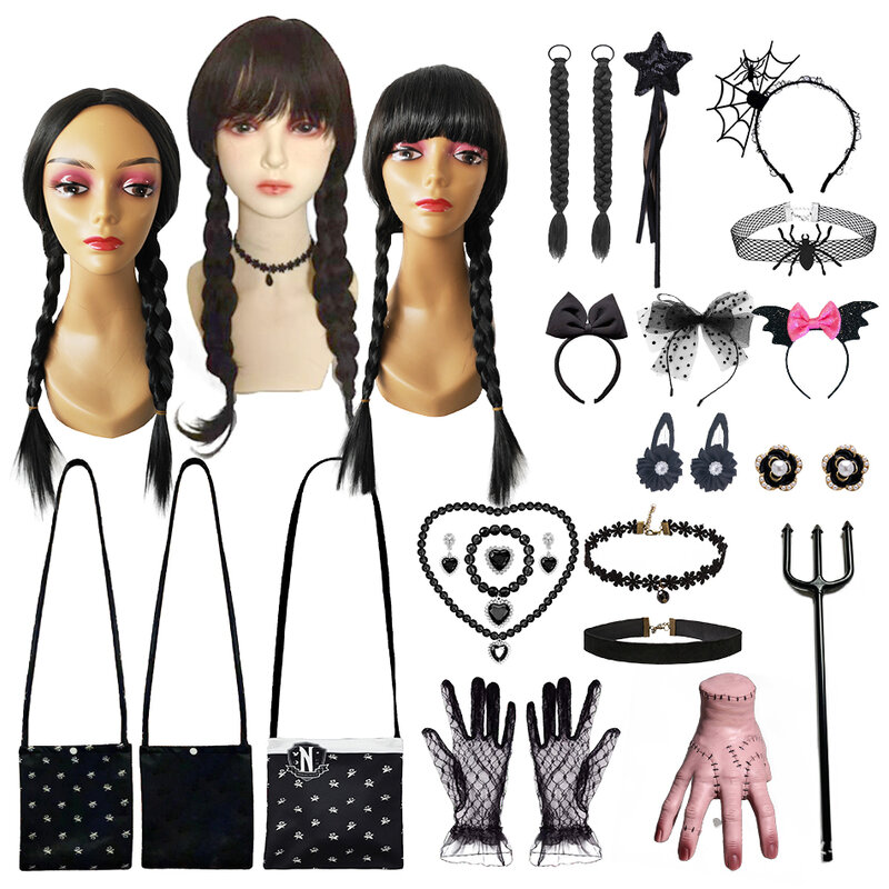 Kids Girls Halloween Accessories Prop Wednesday Wig Hand Mask Necklaces Headbands Gloves Cosplay Party Dress Up