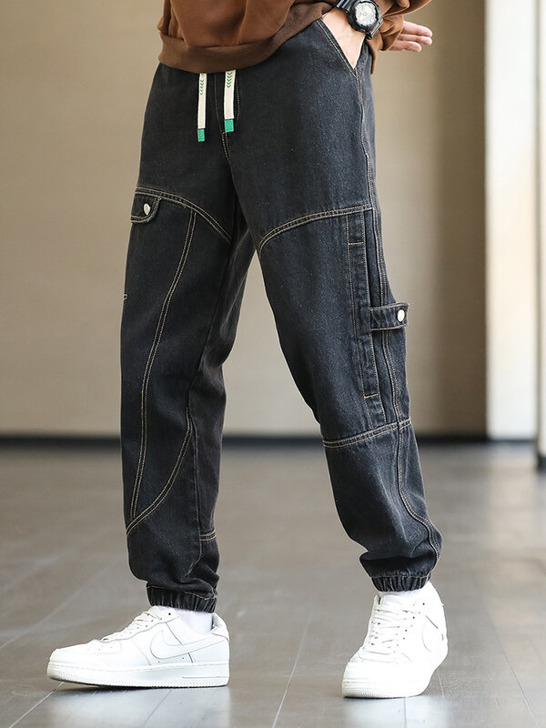 Pantalones vaqueros Cargo holgados para hombre, ropa de calle de algodón elástico, color negro, azul y gris, Harem, talla grande 8XL, 2022
