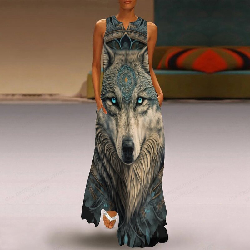 Wolf Print Dress Women Fashion Party abiti da sera Maxi abito lungo Animal Robes Casual abiti larghi abiti da donna di lusso