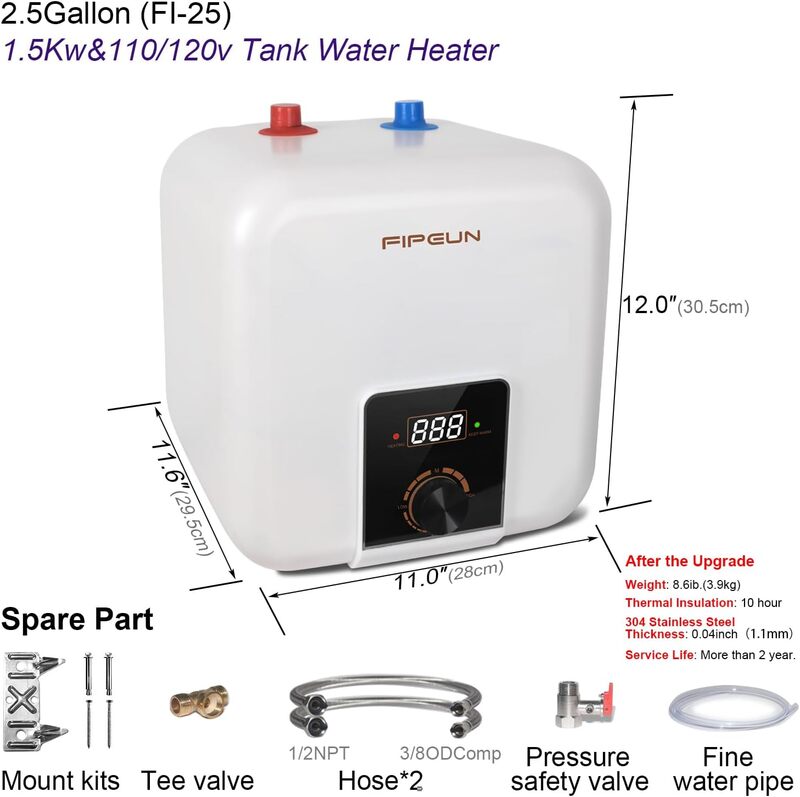 110V-120V 1.5Kw Small Under Sink Tank 2.5 Gallon Water Heater Hot Storage，Mini Instant Electric RV TR Trailer Kitchen