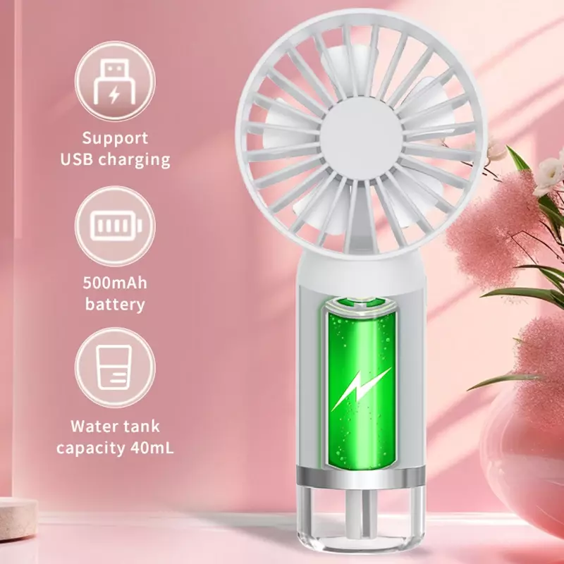 2024 Nieuwe Handheld Ventilator Draagbare Spray Bevochtiging Mini Ventilator Oplaadbare Luchtkoeler Kleine Airconditioner 3 Versnellingen Voor Buiten