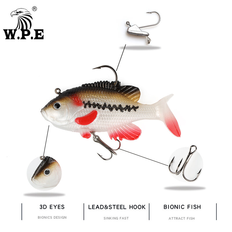 W.P.E-señuelo de pesca Sunfish, cebos blandos artificiales de 8,5 cm y 22,5g, anzuelo de carbono doble con contrapeso incorporado
