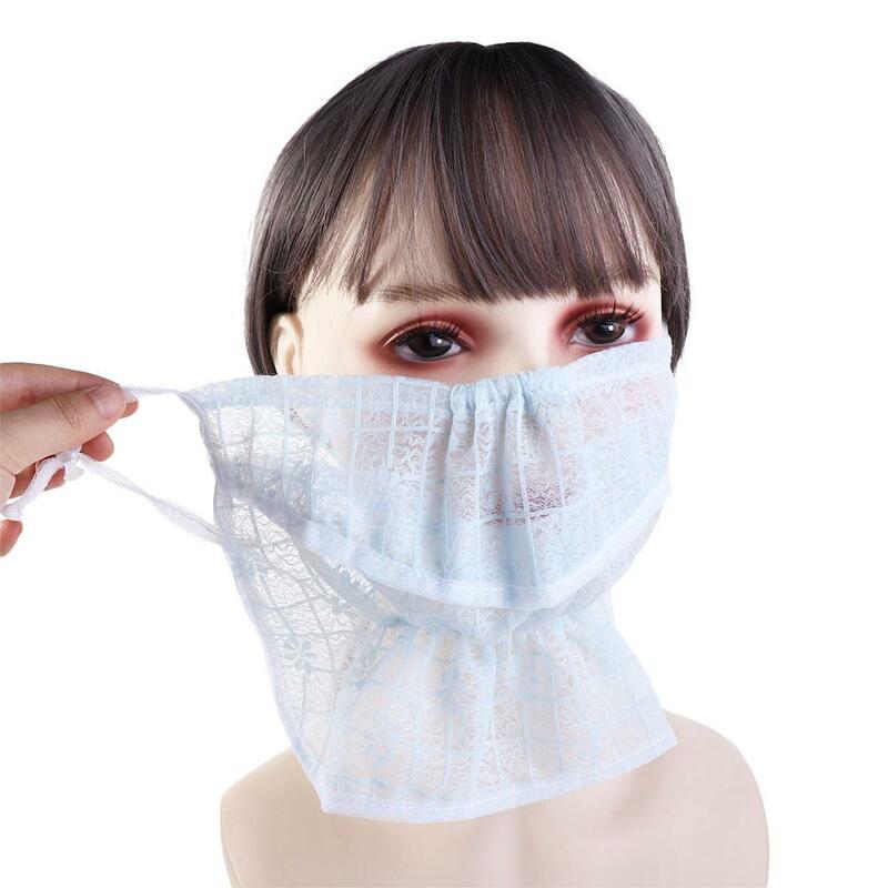 Masker Wajah Anti UV wanita, pelindung leher musim panas renda elastis untuk luar ruangan syal wajah masker tabir surya