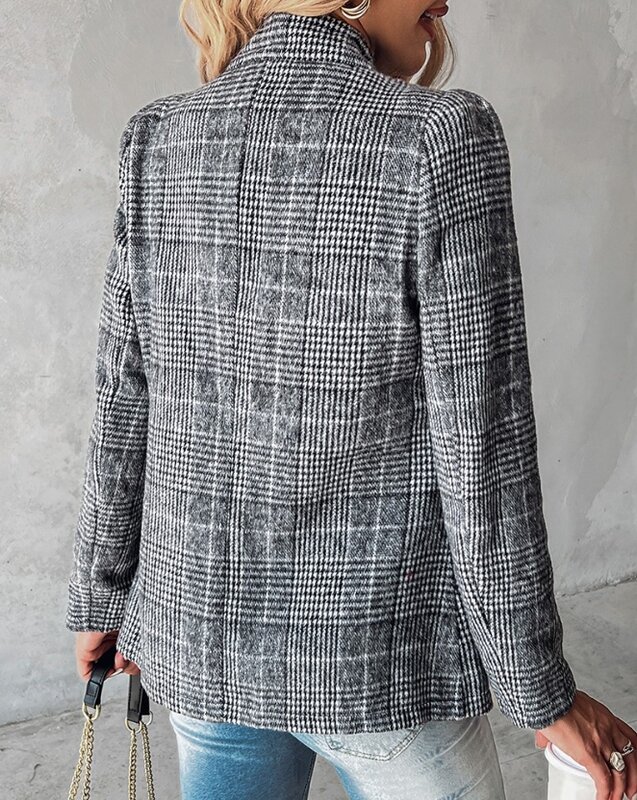 Plaid Pattern Notched Collar Casual Blazer Coat 2023 New Women's Long Sleeve Elegant Regular Daily Work Commuting Style Coat