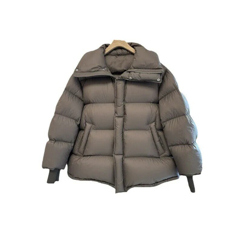 미니멀리스트 다운 재킷, 긴팔 라펠 칼라, 헤어리스 칼라, 짧고 두꺼운 루즈핏 재킷
