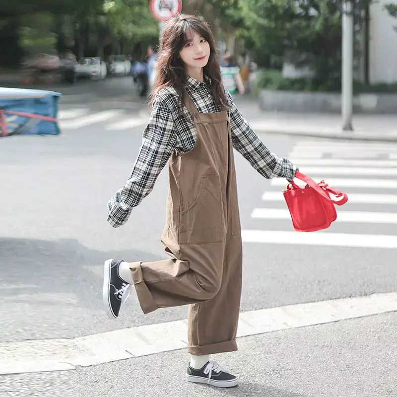 Комбинезон женский однотонный в стиле ретро, универсальная Свободная Повседневная Уличная одежда, шикарный Осенний комбинезон с широкими штанинами в Корейском стиле, классический простой дизайн