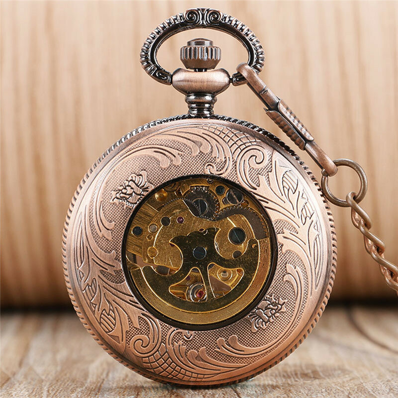 Red Copper Hollow Out Pumpkin Mens Womens Auto Mechanical Pocket Watches numero romano Dial Pendant Chain Skeleton Clock Gift