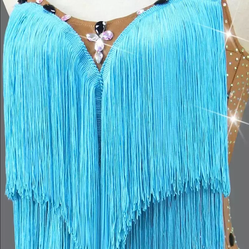 New Blue Latin Dance Competition Fringe Skirt Professional Ballroom Dress for Adult Women Girl Large Size Custom Free Shipping