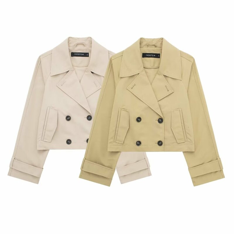 Trench coat vintage de manga comprida feminino com zíper, casacos femininos, camiseta chique, curto, nova moda, 2024