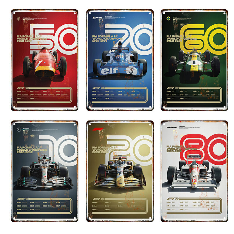 สูตร1 80S Retro รถ Fleet โปสเตอร์ป้ายโลหะดีบุก Racing F1ศิลปะบนผนังการตกแต่งบ้านภาพ Board โมเดิร์นของตกแต่งผนังบ้านภาพจิตรกรรมฝาผนัง