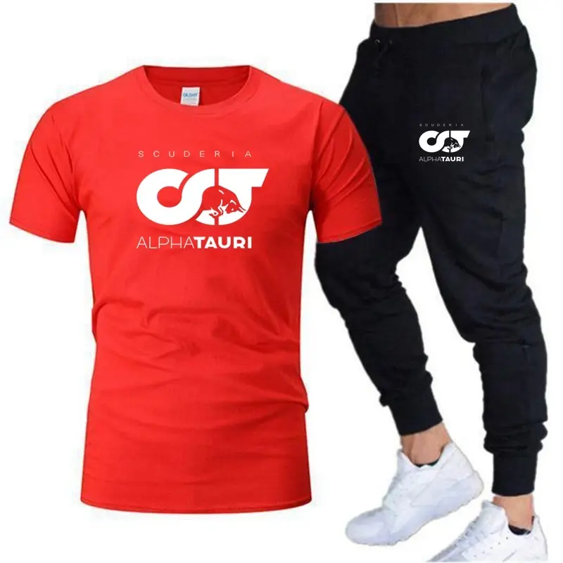 Summer Men Sets Brand Printed F1 Scuderia Alpha Tauri Pierre Gasly Racing Drive To Fashion Short Sleeve Cotton T-Shirt+Trousers