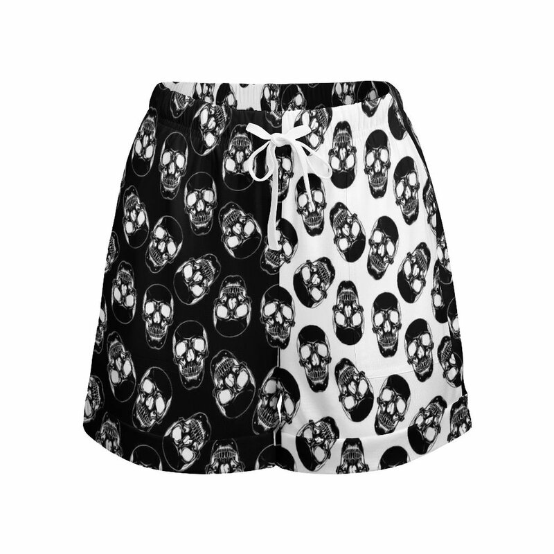 Celana pendek Halloween wanita, Bawahan hitam dan putih tengkorak Streetwear grafis pinggang tinggi elastis ukuran besar