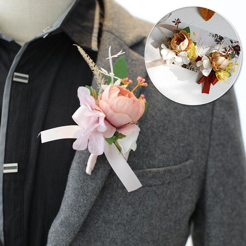 Bros bunga korsase pernikahan pria, Aksesori pernikahan pengiring pengantin laki-laki putih mawar sutra